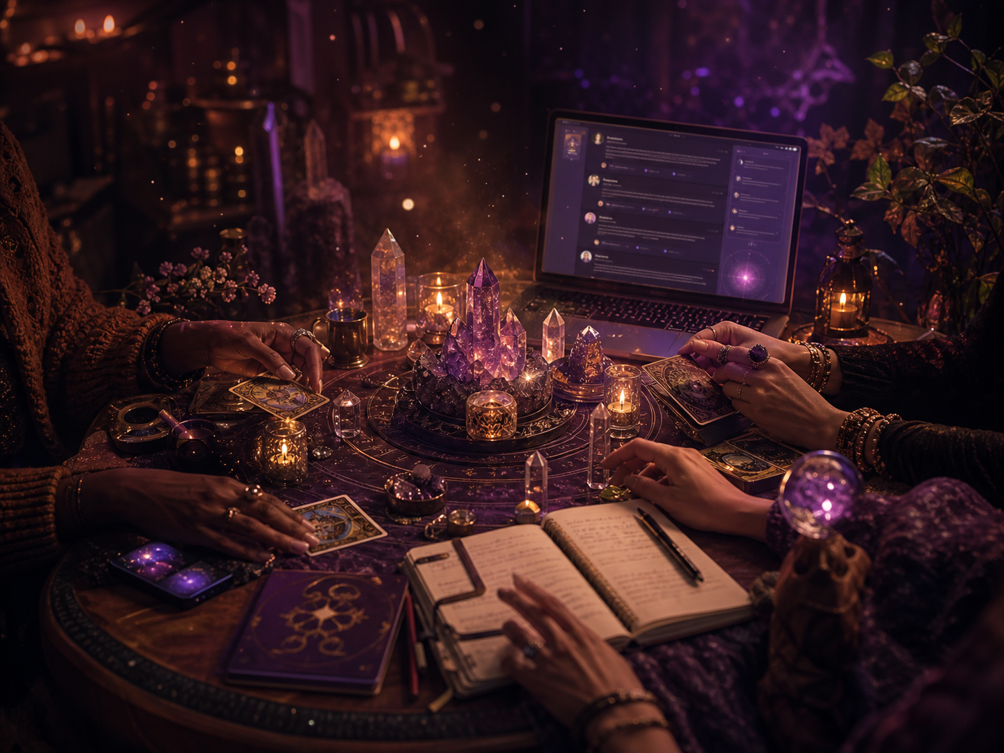 Moderne spirituele community rond tarot, kristallen en kaarslicht