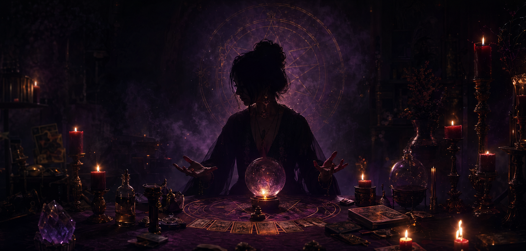 Mystieke heks met kaarsen, tarot en een glazen bol